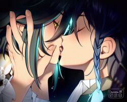 Rule 34 | androgynous, aqua hair, bead necklace, beads, black hair, blue hair, braid, deymara, diamond-shaped pupils, diamond (shape), eyeshadow, french kiss, frilled sleeves, frills, genshin impact, gradient hair, green hair, highres, jewelry, kiss, looking at another, makeup, male focus, multicolored hair, necklace, red eyeshadow, shirt, short hair with long locks, side braids, symbol-shaped pupils, twin braids, venti (genshin impact), white shirt, xiao (genshin impact), yaoi, yellow eyes