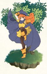 Rule 34 | alena (dq4), angry, black legwear, boots, brown eyes, cape, curly hair, dragon quest, dragon quest iv, dress, earrings, full body, gloves, hat, highres, jewelry, kicking, long hair, orange hair, outsuba itaru, pantyhose, pointy hat, yellow dress, yellow gloves