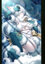 Rule 34 | 1girl, absurdres, alternate color, anastasia (fate), animal ears, arm up, blue eyes, blue gloves, blue thighhighs, blush, cosplay, elbow gloves, fate/grand order, fate (series), fur, fur-trimmed gloves, fur-trimmed legwear, fur trim, gloves, hair over one eye, hairband, highres, kousaki rui, long hair, looking at viewer, lying, mash kyrielight, mash kyrielight (dangerous beast), mash kyrielight (dangerous beast) (cosplay), o-ring, official alternate costume, on back, open mouth, revealing clothes, scan, signature, silver hair, solo, thighhighs, thighs, very long hair, wolf ears