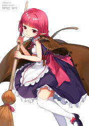 Rule 34 | 1girl, apron, artist name, bare arms, black footwear, blunt bangs, blush, breasts, broom, brown cloak, cloak, closed mouth, dress, dungeon and fighter, head tilt, highres, holding, holding broom, jehyun, looking at viewer, looking to the side, mary janes, medium breasts, over-kneehighs, pai (dungeon and fighter), pink hair, pointy ears, purple dress, red eyes, shoes, short hair, simple background, sleeveless, sleeveless dress, smile, solo, thighhighs, translation request, waist apron, white apron, white background, white thighhighs