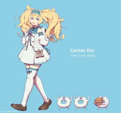 Rule 34 | 1girl, alternate costume, backpack, bag, binoculars, blonde hair, blue background, blue eyes, burger, character name, dress, food, full body, gambier bay (kancolle), hair between eyes, hairband, highres, holding, holding food, kantai collection, long hair, long sleeves, nakaaki masashi, open mouth, sailor dress, simple background, thighhighs, twintails, walking, white thighhighs