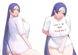 Rule 34 | 1girl, absurdres, alternate costume, bottomless, breasts, clothes writing, commentary, curvy, english commentary, fate/grand order, fate (series), hand on own chest, highres, large breasts, long hair, meme, meme attire, minamoto no raikou (fate), pajamas challenge, parted bangs, paul dang (podang), purple eyes, purple hair, shirt, short sleeves, t-shirt, thighs, very long hair, white shirt