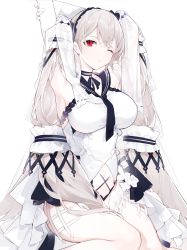 Rule 34 | 1girl, absurdres, armpits, arms behind head, arms up, azur lane, bare shoulders, black choker, black neckerchief, black ribbon, bow, breasts, bridal veil, choker, clothing cutout, collarbone, commentary, dress, dress bow, elbow gloves, feather dress, feet out of frame, formidable (azur lane), formidable (timeless classics) (azur lane), frills, gloves, hair ornament, hair tubes, headdress, highres, large breasts, long hair, looking at viewer, midriff, miyuki (miyuki0529), navel, navel cutout, neckerchief, official alternate costume, one eye closed, parted lips, red eyes, ribbon, sailor collar, see-through, short dress, sidelocks, silver hair, sitting, sleeveless, sleeveless dress, solo, stretching, thighs, twintails, veil, very long hair, white background, white dress, white gloves