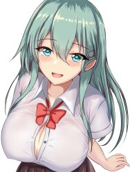 Rule 34 | 1girl, aqua eyes, aqua hair, ascot, blush, breasts, hair between eyes, hair ornament, hairclip, highres, impossible clothes, kantai collection, large breasts, long hair, looking at viewer, looking up, montemasa, open mouth, school uniform, shirt, short sleeves, skirt, smile, solo, suzuya (kancolle), white background, white shirt