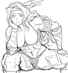 Rule 34 | 1girl, abs, amazon (dragon&#039;s crown), armlet, armor, bikini armor, breasts, circlet, cleavage, derivative work, dragon&#039;s crown, feathers, greyscale, head rest, large breasts, long hair, matsu-sensei, monochrome, muscular, muscular female, navel, parody, simple background, sitting, sketch, solo, tattoo, thick thighs, thighs, vambraces