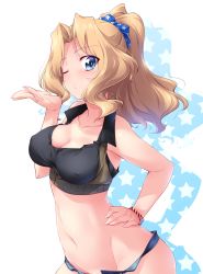 Rule 34 | 1girl, absurdres, adapted costume, black shirt, blonde hair, blowing kiss, blue eyes, blue scrunchie, blue shorts, blush, bracelet, breasts, brown jacket, cleavage, commentary, contrapposto, covered erect nipples, crop top, denim, denim shorts, girls und panzer, groin, hair intakes, hair ornament, hair scrunchie, hair up, hand on own hip, highres, jacket, jewelry, kay (girls und panzer), kuzuryuu kennosuke, large breasts, leaning to the side, long hair, looking at viewer, micro shorts, navel, one eye closed, puckered lips, saunders military uniform, scrunchie, shirt, short shorts, shorts, sleeveless, sleeveless jacket, solo, standing, star (symbol), starry background, tank top, upper body, white background