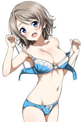 Rule 34 | 10s, 1girl, :d, blue bra, blue eyes, blue panties, blush, bow, bow bra, bow panties, bra, breasts, cleavage, collarbone, cowboy shot, hair ornament, highres, light brown hair, looking at viewer, love live!, love live! sunshine!!, medium breasts, navel, open bra, open mouth, panties, sankuro (agoitei), simple background, smile, solo, strap pull, underwear, underwear only, undressing, watanabe you, white background