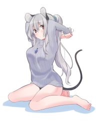 Rule 34 | 1girl, akagashi hagane, alternate hair length, alternate hairstyle, animal, animal ears, arms up, bare legs, barefoot, black panties, blush, breasts, grey hair, hair between eyes, hair ornament, hair scrunchie, holding, holding animal, jewelry, long sleeves, looking at viewer, medium breasts, mouse (animal), mouse ears, mouse tail, nazrin, panties, pantyshot, pendant, ponytail, red eyes, ribbed sweater, scrunchie, shadow, sidelocks, simple background, sitting, sleeves past wrists, solo, sweater, tail, thighs, touhou, turtleneck, turtleneck sweater, underwear, white background