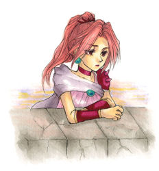 Rule 34 | 1girl, bracelet, brooch, cape, choker, cloak, dress, earrings, final fantasy, final fantasy iv, final fantasy iv: the after years, high ponytail, jewelry, long hair, lowres, pink hair, ponytail, porom, see-through, solo
