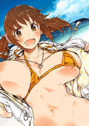 Rule 34 | 10s, 1girl, areola slip, bad id, bad pixiv id, bottomless, bouncing breasts, breasts, brown eyes, brown hair, groin, heart, heart necklace, idolmaster, idolmaster cinderella girls, jacket, kaqo, large breasts, navel, necklace, ocean, open mouth, out-of-frame censoring, sideboob, solo, totoki airi, underboob, zipper