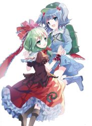 Rule 34 | 2girls, backpack, bad id, bad twitter id, bag, blue eyes, blue hair, boots, cierra (ra-bit), front ponytail, green eyes, green hair, hair bobbles, hair ornament, hair ribbon, hat, holding hands, jumping, kagiyama hina, kawashiro nitori, key, long hair, long sleeves, looking at viewer, multiple girls, open mouth, ponytail, puffy sleeves, ra-bit, ribbon, rubber boots, shirt, short sleeves, simple background, skirt, skirt set, smile, touhou, twintails, two side up, vest, white background, wrist cuffs