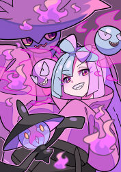 Rule 34 | 1girl, alternate color, commentary request, creatures (company), game freak, gastly, gen 1 pokemon, gen 4 pokemon, gen 5 pokemon, green hair, grin, high collar, highres, iono (pokemon), jacket, lampent, long hair, looking at viewer, mismagius, multicolored hair, nintendo, pokemon, pokemon (creature), pokemon sv, purple hair, sleeves past fingers, sleeves past wrists, smile, sutokame, teeth, two-tone hair