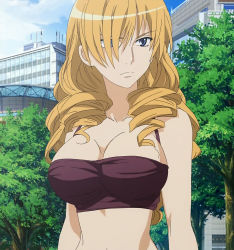 Rule 34 | 1girl, blonde hair, blue eyes, breasts, city, cleavage, crop top, drill hair, female focus, hair over one eye, highres, large breasts, long hair, oriana thomason, outdoors, screencap, solo, stitched, tagme, third-party edit, toaru majutsu no index, upper body