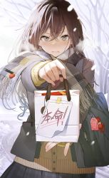 Rule 34 | 1girl, bag, blush, brown hair, chocolate, coat, giving, highres, holding, holding bag, hougu souji, long hair, long sleeves, looking at viewer, open mouth, original, scarf, snow, solo, standing, symbol-only commentary, translation request, winter clothes, winter coat