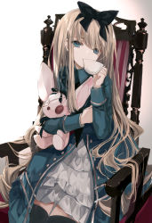 Rule 34 | 1girl, alice (alice in wonderland), alice in wonderland, black bow, black thighhighs, blonde hair, blue eyes, bow, chair, cierra (ra-bit), cup, drinking, eyepatch, hair bow, hairband, hand up, holding, holding cup, long hair, looking at viewer, hugging object, original, sitting, solo, stuffed animal, stuffed rabbit, stuffed toy, teacup, thighhighs, very long hair