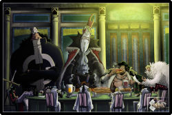 Rule 34 | 6+boys, alcohol, bandages, bartholomew kuma, beard, beer, black hair, blonde hair, boned meat, chair, coat, colored skin, crossed arms, donquixote doflamingo, dracule mihawk, epaulettes, facial hair, feet on table, food, gecko moria, gloves, hat, image sample, jewelry, long hair, male focus, marshall d. teach, meat, missing tooth, multiple boys, one piece, pie, pizza, ring, sharp teeth, short hair, size difference, stitches, sunglasses, sword, table, teeth, weapon, white skin, wine, yoru (sword)