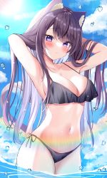 Rule 34 | 1girl, absurdres, animal ears, armpits, arms up, bare arms, bare shoulders, bikini, black bikini, black hair, blush, breasts, cat ears, cat girl, cat tail, cleavage, closed mouth, day, hamico, hand in own hair, highres, long hair, looking at viewer, medium breasts, navel, original, outdoors, purple eyes, purple hair, rainbow, side-tie bikini bottom, solo, standing, stomach, string bikini, swimsuit, tail, thighs, underboob, very long hair, wading, water
