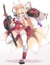 Rule 34 | 1girl, ahoge, animal ears, areola slip, armpits, bare shoulders, blonde hair, blush, breasts, cameltoe, commentary request, fingerless gloves, fox ears, fox tail, full body, gloves, gluteal fold, gradient background, hair between eyes, highres, holding, holding sword, holding weapon, izuna (shinrabanshou), karukan (monjya), large breasts, leotard, long hair, multiple tails, no panties, open mouth, red eyes, ribbon-trimmed legwear, ribbon trim, sandals, shinrabanshou, sideboob, simple background, solo, standing, standing on one leg, sword, tabi, tail, thighhighs, turtleneck, weapon, white leotard, white thighhighs