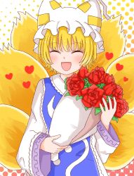 Rule 34 | 1girl, :d, blonde hair, blue tabard, blush, bouquet, closed eyes, commentary request, commission, dot nose, dress, flower, fox tail, happy, hat, heart, highres, holding, holding bouquet, long sleeves, mob cap, multiple tails, open mouth, polka dot, polka dot background, red flower, red rose, rose, rozugadena, short hair, simple background, skeb commission, smile, solo, tabard, tail, touhou, upper body, white background, white dress, wide sleeves, yakumo ran