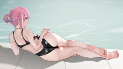 Rule 34 | 1girl, absurdres, ass, back, back cutout, bare shoulders, barefoot, black one-piece swimsuit, blue eyes, bocchi the rock!, breasts, chinese commentary, closed mouth, clothing cutout, cube hair ornament, feet, from behind, full body, gotoh hitori, hair bun, hair ornament, highres, liwen520, looking afar, lying, medium breasts, on side, one-piece swimsuit, pink hair, pool, poolside, soles, solo, swimsuit, thighs, toes, water
