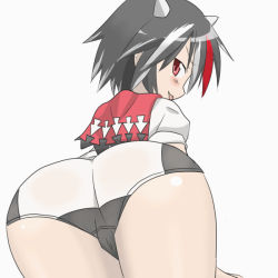 Rule 34 | 1girl, :p, all fours, ass, black hair, blush, from behind, horns, huge ass, kijin seija, looking back, multicolored hair, puffy short sleeves, puffy sleeves, red eyes, red hair, sakimi, shiny skin, short hair, short shorts, short sleeves, shorts, smile, solo, tongue, tongue out, touhou