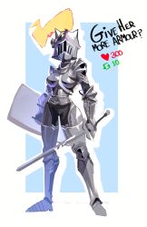 Rule 34 | 1girl, absurdres, armor, armored boots, blonde hair, boots, breastplate, breasts, facing viewer, full armor, full body, gauntlets, green background, helm, helmet, highres, holding, holding weapon, knight, large breasts, original, pauldrons, plate armor, shoulder armor, shoulder plates, solo, vivelia, weapon, white background