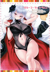 Rule 34 | 1girl, absurdres, azur lane, black flower, black one-piece swimsuit, blush, bracelet, breasts, buttons, cle masahiro, cleavage, clothing cutout, coat, crossed bangs, crossed legs, fingernails, flower, fur-trimmed coat, fur trim, graf zeppelin (azur lane), graf zeppelin (beachside urd) (azur lane), hair between eyes, hair flower, hair ornament, hand up, hat, highres, jacket, jacket on shoulders, jewelry, large breasts, long coat, long hair, looking at viewer, messy hair, navel, navel cutout, one-piece swimsuit, purple eyes, scan, see-through, sidelocks, silver hair, simple background, sitting, solo, stomach, swimsuit, wrist straps