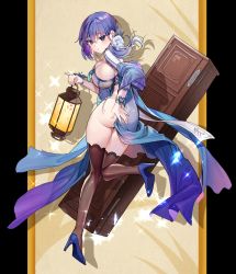 Rule 34 | 1girl, :o, absurdres, ass, blue dress, blue eyes, blue footwear, blue hair, blush, bracelet, breasts, brown thighhighs, colored eyelashes, commentary, dp-12 (girls&#039; frontline), dress, fingernails, flower, foot up, from behind, full body, girls&#039; frontline, gradient hair, green eyes, hair between eyes, hair flower, hair ornament, hand on own ass, high heels, highres, holding, holding lantern, huge filesize, hyoin, jewelry, lantern, large breasts, long hair, long sleeves, looking at viewer, looking back, multicolored hair, open mouth, panties, pillarboxed, pinky out, showgirl skirt, side-tie panties, side slit, sidelocks, smile, solo, standing, standing on one leg, thighhighs, thighs, thong, underwear, wardrobe
