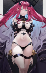 Rule 34 | 1girl, bare shoulders, black panties, blazpu, bracelet, breasts, bridal gauntlets, detached sleeves, earrings, baobhan sith (fate), baobhan sith (second ascension) (fate), fate/grand order, fate (series), grey eyes, highres, jewelry, large breasts, long hair, looking at viewer, navel, panties, pink hair, pointy ears, revealing clothes, sidelocks, solo, thigh strap, thighs, tiara, underwear, veil