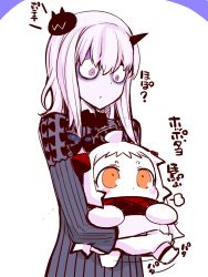 Rule 34 | abyssal ship, ahoge, albino, black dress, chibi, collar, comic, commentary request, crossover, dress, enemy aircraft (kancolle), fate/grand order, fate (series), hair between eyes, highres, horns, kantai collection, lavinia whateley (fate), lifting person, long hair, mittens, northern ocean princess, orange eyes, purple eyes, sako (bosscoffee), single horn, sitting, sitting on head, sitting on person, translation request, white hair, white mittens