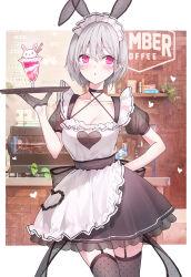 Rule 34 | 1girl, :o, animal ears, apron, arm behind back, barista, black dress, black garter straps, black thighhighs, breasts, cleavage, dress, english text, fake animal ears, garter straps, gloves, grey gloves, grey hair, hair between eyes, half gloves, hand up, heart, highres, holding, holding plate, ice cream cup, looking at viewer, maid, maid apron, maid headdress, medium breasts, mole, original, parted lips, pink eyes, plate, polka dot, polka dot gloves, polka dot thighhighs, puffy short sleeves, puffy sleeves, rabbit ears, rangu, see-through, see-through cleavage, see-through sleeves, short hair, short sleeves, thighhighs, twitter username, white apron