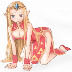 Rule 34 | 1girl, all fours, bare legs, blonde hair, blue eyes, blush, breasts, china dress, chinese clothes, cleavage, cleavage cutout, clothing cutout, cuffs, dress, gem, large breasts, long hair, nintendo, no panties, pointy ears, princess zelda, sagawa yumeko, solo, the legend of zelda, the legend of zelda: ocarina of time, tiara, white background
