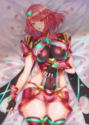 Rule 34 | 1girl, absurdres, bad id, bad pixiv id, bed, blush, breasts, covered navel, earrings, fingerless gloves, gloves, hair ornament, highres, jewelry, kacyu, large breasts, looking at viewer, nintendo, petals, pyra (xenoblade), red eyes, red hair, short hair, shorts, sidelocks, simple background, smile, solo, thighs, tiara, xenoblade chronicles (series), xenoblade chronicles 2