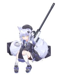 Rule 34 | 1girl, absurdres, animal ears, between legs, black bow, black footwear, black hat, black jacket, blue hair, bow, cabbie hat, commentary, gun, hair between eyes, hair bow, hand between legs, hat, highres, hood, hood down, hooded jacket, jacket, klaius, kneehighs, kneehighs pull, knees up, long hair, long sleeves, looking at viewer, off shoulder, open clothes, open jacket, original, rifle, scope, shoes, simple background, sitting, sleeves past fingers, sleeves past wrists, sniper rifle, socks, solo, tail, twintails, weapon, weapon request, white background, white socks, yellow eyes