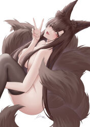 Rule 34 | 1girl, ;d, absurdres, akagi (azur lane), animal ears, arm between breasts, arm between legs, azur lane, between breasts, blush, breasts, brown hair, commentary request, fox ears, fox girl, fox tail, from side, hair over breasts, hair over one eye, hand up, highres, ichikushi mojibake, kitsune, knee up, large breasts, long hair, looking at viewer, looking back, multiple tails, nude, one eye closed, open mouth, red eyes, sideboob, sitting, slit pupils, smile, solo, tail, thighhighs, thighs, v, very long hair