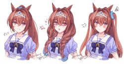 Rule 34 | 1girl, :o, alternate hairstyle, animal ears, bespectacled, blush, bow, bowtie, braid, brown hair, commentary request, cropped torso, daiwa scarlet (umamusume), fang, glasses, hair between eyes, horse ears, horse girl, ittokyu, long hair, looking at viewer, ponytail, red-framed eyewear, red eyes, school uniform, signature, simple background, skin fang, smile, solo, squiggle, summer uniform, tiara, tracen school uniform, twin braids, two side up, umamusume, white background