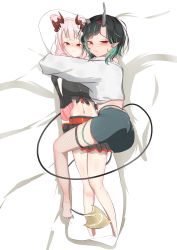 Rule 34 | 1girl, absurdres, ass, barefoot, black hair, blue hair, blush, closed mouth, commentary request, cropped sweater, dakimakura (object), demon girl, demon horns, demon tail, fishnet thighhighs, fishnets, full body, grey shorts, grey sweater, highres, holding, holding pillow, honey strap, horns, inabamaru, long sleeves, looking at viewer, multicolored hair, nanashi inc., hugging object, official alternate costume, pillow, pillow hug, pointy ears, red eyes, shishio chris, shishio chris (2nd costume), short hair, shorts, solo, sugar lyric, suou patra, sweater, tail, thighhighs, two-tone hair, virtual youtuber