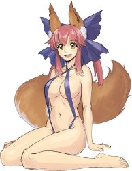 Rule 34 | 10s, 1girl, agemmata, animal ears, bad id, bad pixiv id, bikini, breasts, fang, fate/extra, fate (series), highres, large breasts, long hair, navel, orange eyes, original, red hair, simple background, slingshot swimsuit, solo, swimsuit, tail, tamamo (fate), tamamo no mae (fate/extra)