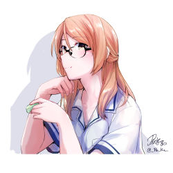Rule 34 | 1girl, black-framed eyewear, brown eyes, brown hair, eating, female admiral (kancolle), food, glasses, hand on own cheek, hand on own face, head rest, highres, holding, holding food, kantai collection, long hair, pin.s, short sleeves, solo, upper body