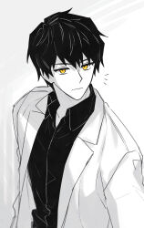 Rule 34 | 1boy, :|, ayin (project moon), black hair, black shirt, cl0ckfly, closed mouth, collared shirt, colored skin, commentary request, highres, korean commentary, lab coat, lobotomy corporation, long sleeves, male focus, notice lines, project moon, shirt, short hair, solo, upper body, white background, white skin, yellow eyes
