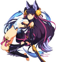 Rule 34 | 1girl, :3, animal ears, arm up, artist name, bare shoulders, bell, black gloves, black hair, black socks, blunt bangs, breasts, commentary, elbow gloves, english commentary, erune, fingerless gloves, full body, gloves, granblue fantasy, hair bell, hair ornament, jingle bell, kneehighs, long hair, looking at viewer, medium breasts, paid reward available, purple eyes, simple background, smile, socks, solo, squeezable (squeezabledraws), stirrup legwear, sword, tail, toeless legwear, v-shaped eyebrows, very long hair, weapon, white background, yuel (granblue fantasy)