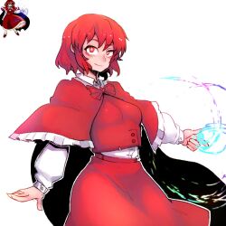 Rule 34 | + +, 1girl, alternate hair length, alternate hairstyle, breasts, bright pupils, cape, capelet, closed mouth, collared shirt, commentary request, cowboy shot, finger gun, frilled capelet, frills, highres, korean commentary, long sleeves, looking at viewer, magic, medium breasts, nyong nyong, official art inset, okazaki yumemi, outline, phantasmagoria of dim.dream, red capelet, red eyes, red hair, red skirt, red vest, reference inset, shirt, short hair, simple background, skirt, smile, solo, standing, symbol-shaped pupils, touhou, touhou (pc-98), vest, white background, white outline, white pupils, white shirt, wing collar