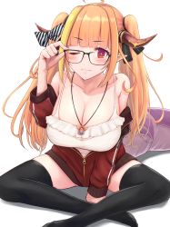 Rule 34 | 1girl, adjusting eyewear, ahoge, bare shoulders, black-framed eyewear, black ribbon, black thighhighs, blonde hair, blunt bangs, blush, bow, breasts, bright pupils, camisole, cleavage, closed mouth, collarbone, commentary, diagonal-striped bow, dragon girl, dragon horns, dragon tail, foot out of frame, frilled camisole, frills, glasses, hair ribbon, highres, hololive, horn bow, horn ornament, horns, indian style, izu (tea value lord), jacket, jewelry, kiryu coco, kiryu coco (loungewear), large breasts, light smile, long hair, long sleeves, looking at viewer, multicolored hair, no shoes, off shoulder, official alternate costume, one eye closed, open clothes, open jacket, orange hair, partially unzipped, pendant, pointy ears, purple eyes, red eyes, red jacket, ribbon, see-through, sidelocks, simple background, sitting, slit pupils, solo, spaghetti strap, streaked hair, striped, striped bow, tail, thighhighs, track jacket, twintails, virtual youtuber, white background, white camisole, white pupils, zettai ryouiki, zipper, zipper pull tab