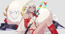 Rule 34 | 1girl, altera (fate), boots, bra, breasts, cleavage, collarbone, dark-skinned female, dark skin, detached sleeves, fate/grand order, fate (series), gina 61324, gloves, grey background, highres, looking at viewer, mittens, panties, red bra, red eyes, red footwear, red panties, red sleeves, sheep, short hair, silver hair, sitting, small breasts, solo, striped sleeves, underwear, underwear only, veil, white gloves, white mittens