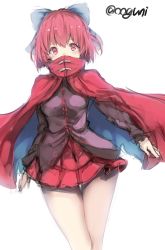 Rule 34 | 1girl, blush, cape, covering own mouth, dutch angle, hair ornament, hair ribbon, long sleeves, looking at viewer, miniskirt, red eyes, red hair, ribbon, sekibanki, shirt, short hair, simple background, skirt, solo, touhou, twitter username, white background, wowoguni