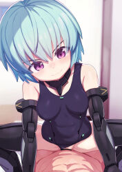 Rule 34 | 1boy, 1girl, arm support, bar censor, blue hair, breasts, censored, clothed female nude male, clothed sex, clothing aside, commission, frame arms girl, girl on top, head tilt, hetero, highres, hresvelgr, joints, lolicom, looking down, medium breasts, nude, one-piece swimsuit, pov, purple eyes, pussy, robot joints, sex, short hair, smile, squatting, squatting cowgirl position, swimsuit, swimsuit aside, vaginal