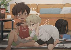 Rule 34 | !?, 2boys, absurdres, bag, bare legs, bare shoulders, barefoot, black hair, blonde hair, book, cat, child, commentary request, controller, couch, cup, dark-skinned male, dark skin, disposable cup, english text, futon, game controller, groping, hand in pants, hand under clothes, highres, holding, holding controller, holding game controller, indoors, looking at viewer, male focus, multiple boys, notebook, omurice (roza4957), open mouth, original, pillow, reaching, red shirt, rug, school bag, shirt, short hair, short sleeves, soda bottle, surprised, table, tank top, teeth, yaoi