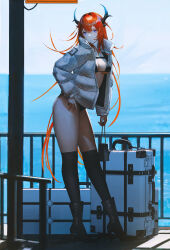 Rule 34 | 1girl, absurdres, alternate costume, arknights, bag, bikini, black bikini, boots, chest strap, demon girl, demon horns, ganet p, hand on own hip, handbag, high heel boots, high heels, highres, holding, holding bag, horns, jacket, kneehighs, long hair, looking at viewer, looking to the side, open clothes, open jacket, purple eyes, red hair, rolling suitcase, socks, standing, suitcase, surtr (arknights), swimsuit