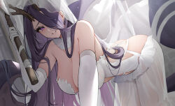 Rule 34 | 1girl, adventure galley (carnival under the blood moon) (azur lane), antlers, ass, asymmetrical horns, axe, azur lane, blush, breasts, chinese commentary, cleavage, clothing cutout, commentary request, detached collar, detached sleeves, dress, elbow gloves, gloves, golden hind (azur lane), golden hind (forlorn femme fatale) (azur lane), hair over one eye, highres, holding, holding axe, horns, large breasts, leaning forward, long dress, long hair, looking at viewer, mole, mole under mouth, purple eyes, purple hair, qing wu, reindeer antlers, see-through, see-through dress, shoulder cutout, smile, solo, tentacles, very long hair, white dress, white gloves