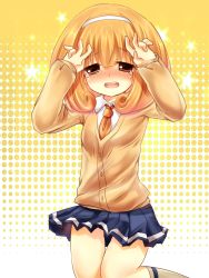 Rule 34 | 10s, 1girl, blonde hair, blush, cardigan, hairband, highres, kise yayoi, looking at viewer, open mouth, precure, skirt, smile precure!, solo, suzunone rena, tears, white hairband